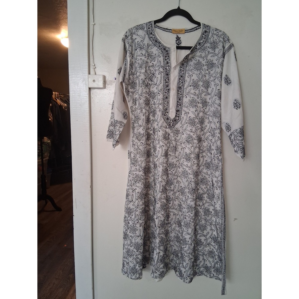 Piluca Osaba Spain White Cotton Floral Embroidered Tunic Midi Dress Womens